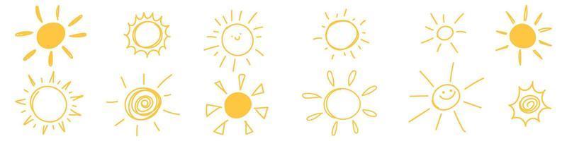 Doodle sun set. Funny yellow sun icons collection. Vector isolated illustration