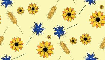 Seamless pattern of sunflowers, cornflowers and spikelets vector