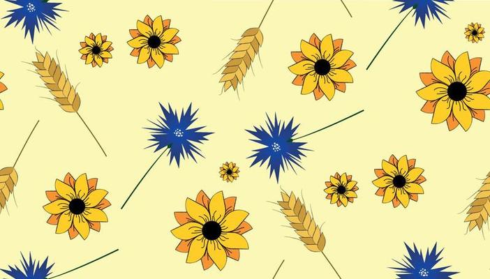 Seamless pattern of sunflowers, cornflowers and spikelets