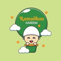 Cute boy flying air balloon in ramadan. Ramadan cartoon mascot vector illustration.