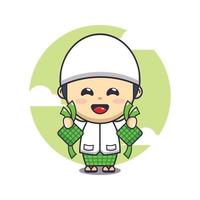Cute boy holding ketupat cartoon vector illustration. Ramadan cartoon mascot vector illustration.