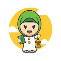 Cute girl holding lantern and book cartoon vector illustration. Ramadan cartoon mascot vector illustration.