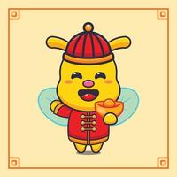 Cute bee holding gold money in chinese new year. vector