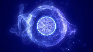 abstrato azul volta energia esfera a partir de partículas e ondas do futurista oi-tech brilhando fundo, vídeo 4k, 60. fps video