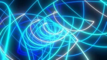 astratto blu e viola raggiante neon energia laser Linee volante su un' nero sfondo, video 4k, 60 fps