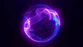 Abstract purple looped energy sphere of particles and waves of magical glowing on a dark background, video 4k