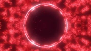 Abstract looped red background from an energy blue magic ring of a round frame of glowing particles and waves of energy, video 4k, 60 fps