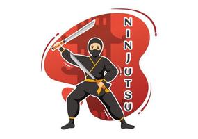 ninjutsu vector ilustración con personaje ninja shinobi desde Japón en plano dibujos animados estilo mano dibujado aterrizaje página antecedentes plantillas