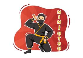 ninjutsu vector ilustración con personaje ninja shinobi desde Japón en plano dibujos animados estilo mano dibujado aterrizaje página antecedentes plantillas