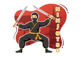 ninjutsu vector ilustración con personaje ninja shinobi desde Japón en plano dibujos animados estilo mano dibujado aterrizaje página antecedentes plantillas