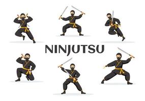 ninjutsu vector ilustración con personaje ninja shinobi desde Japón en plano dibujos animados estilo mano dibujado aterrizaje página antecedentes plantillas