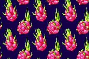 Colorful pitaya seamless pattern. Organic juicy dragon fruit. Sweet pitahaya. Summer sweet exotic food. Purple background wallpaper vector