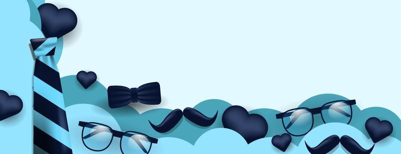 father's day banner vector design with necktie, mustache, glasses and heart shapes. vector illustration