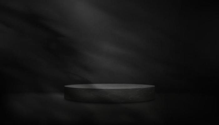 Cement texture with leaves shadow overlay on wall Background,Black Concrete rough surface floor with Grey Marble podium display,Vector scene 3D studio room with copy space for product presentation