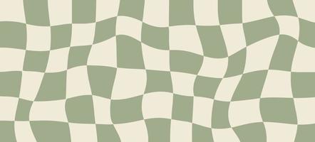Groovy psychedelic wavy checkerboard background in 60-70s style. Aesthetic abstract pattern. Funky hippie backdrop for surface design. Retro art. Trendy vector illustration. Beige, green pastel colors