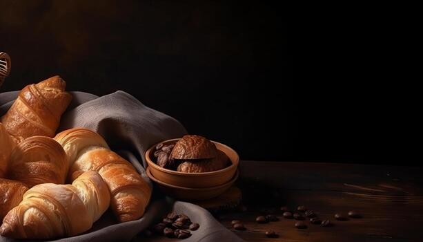 Croissants and bread frame with copy space. photo