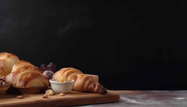 Croissants and bread frame with copy space. photo