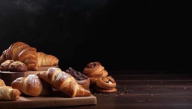 Croissants and bread frame with copy space. photo