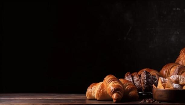 Croissants and bread frame with copy space. photo