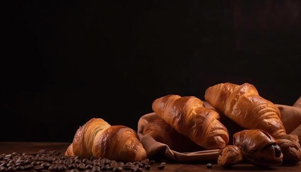 Croissants and bread frame with copy space. photo