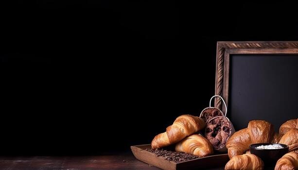 Croissants and bread frame with copy space. photo