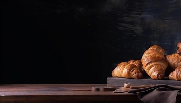 Croissants and bread frame with copy space. photo