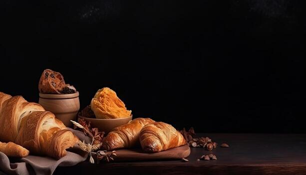 Croissants and bread frame with copy space. photo