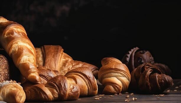 Croissants and bread frame with copy space. photo