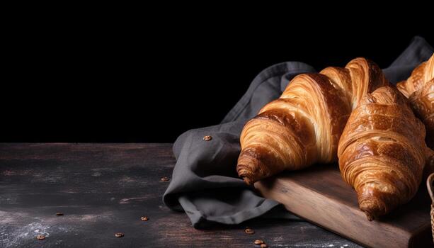 Croissants and bread frame with copy space. photo