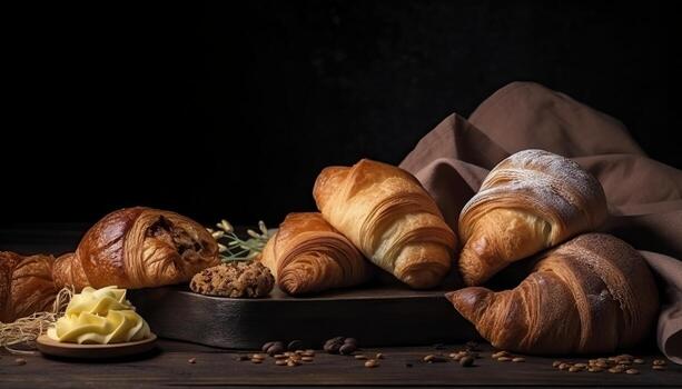 Croissants and bread frame with copy space. photo