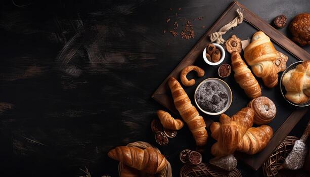 Croissants and bread frame with copy space. photo