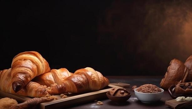 Croissants and bread frame with copy space. photo