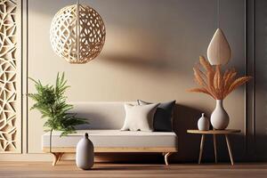 Interior background of living room with stucco wall. Vase with twig on decorative accent coffee table. Empty mock up wall and wooden flooring, pendant light. Modern home decor . photo