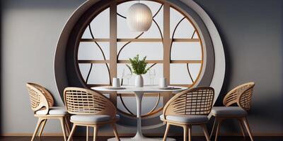 Interior design with wooden round table and chairs. Modern dining room with white wall. Cafe, bar or restaurant interior design. Home interior . photo