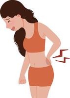 Woman in pain due to back pain with her hands holding her waist illustration vector