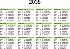 año 2038 calendario en Inglés vector