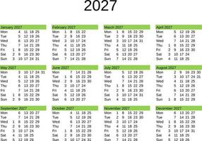 año 2027 calendario en Inglés vector