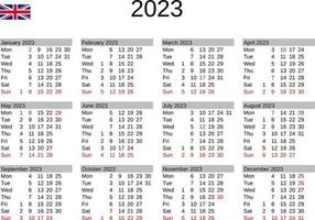 year 2023 calendar in English with United Kingdom holidays vector