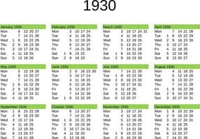 año 1930 calendario en Inglés vector