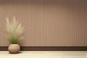 Interior background of room with beige stucco wall and pot . photo