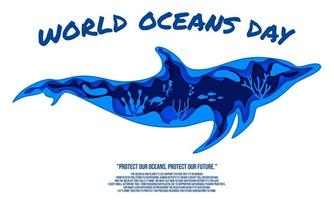 Dolphin world oceans day background in paper cut stlye vector. vector