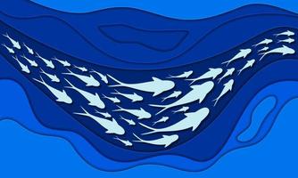 world ocean day poster. Paper cut sea background with school of fish vector. vector