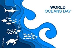 world ocean day Cover Banner. Paper cut Swimming Fish underwater sea background vector. vector