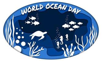 world ocean day banner Paper cut art. Underwater world page layout vector