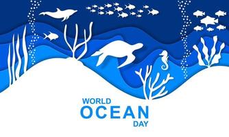 world ocean day banner poster. Paper cut  underwater sea background vector. vector