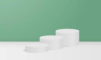 Minimal 3d display product minimal scene with geometric podium platform collection. Modern white circle pedestal podium with empty room and green background. Stand to show cosmetic products vector