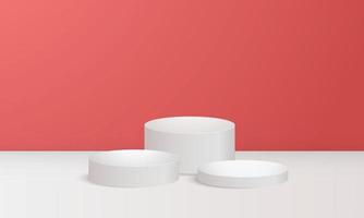 Minimal 3d display product minimal scene with geometric podium platform collection. Modern white circle pedestal podium with empty room and red background. Stand to show cosmetic products vector