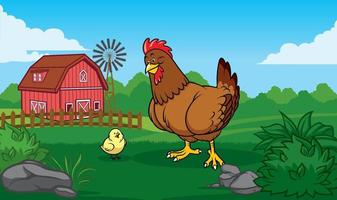 hen in the farm with chick vector