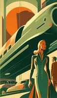 illustration of woman with future technology in retro futuristic 30s style poster ,generative ai photo