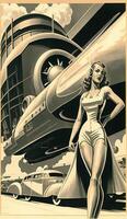 ilustración de mujer con futuro tecnología en retro futurista 30s estilo póster ,generativo ai foto